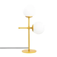 lampe de table dorée 2 lumières avec sphères en verre blanc
