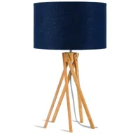 lampe de table bambou abat-jour lin bleu denim, h. 59cm