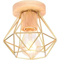plafonnier industriel rétro créatif fer diamant cage lampe de plafond en bois doré
