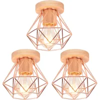 3x plafonnier industriel rétro créatif fer diamant cage lampe de plafond en bois or rose