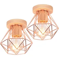 2x plafonnier industriel rétro créatif fer diamant cage lampe de plafond en bois or rose