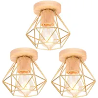 3x plafonnier industriel rétro créatif fer diamant cage lampe de plafond en bois doré