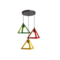 suspension industrielle cage forme triangulaire fer, lustre abat-jour 3 couleur différent e27 luminaire pour salon salle à manger cuisine bar