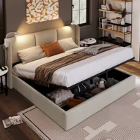 lit double moderne rembourré, avec espace de rangement, lampe de lecture, tête de lit, lit à sommier tapissier avec cadre en métal, lin (lin, 160 x 200 cm)