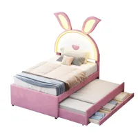 komhtom lit simple rembourré pour enfant rose 90 x 200 cm, tissu velours avec lit gigogne, tiroir de rangement et lampe led à changement de couleur